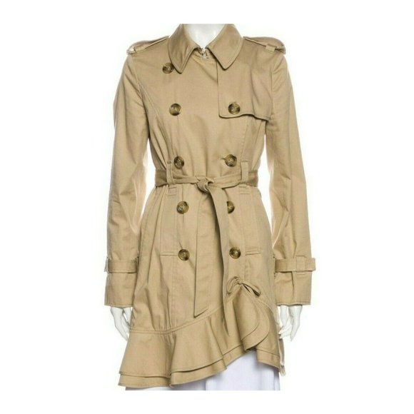 Trench Coats Designer Valentino Red Neutrals Ruffle Detail Trench Coat Med - Picture 1 of 5